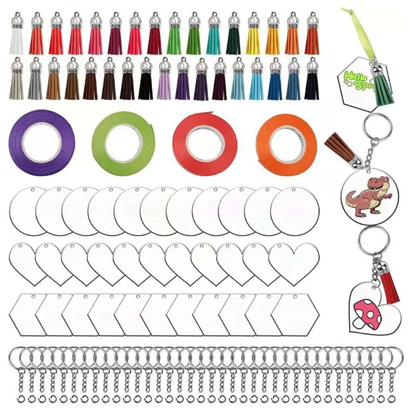 

1 Set Acrylic Keychain Blanks 148 pcs Bulk Clear Circle Round Heart Shape Acrylic Disc DIY Kit with 36Pcs Blank Tassels Keychain
