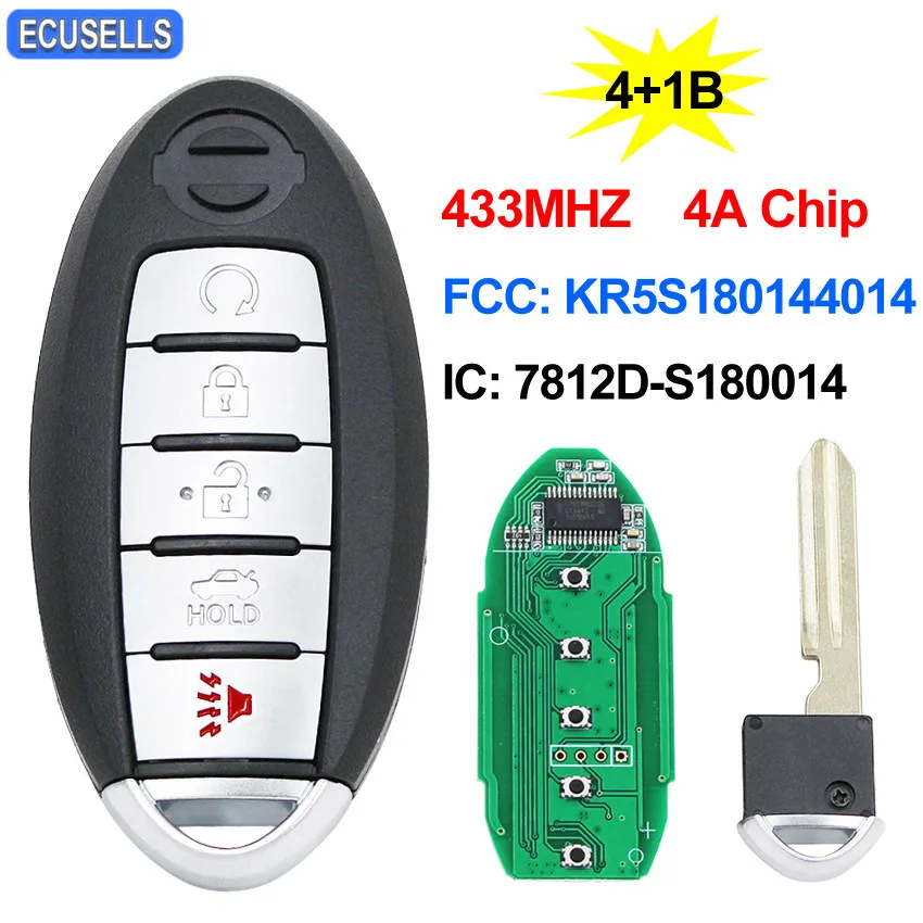 4+ 1/5 кнопка дистанционного Smart ключи 433 МГц 4A чип для Nissan Altima Maxima Pathfinder FCC, аддитивного цветового пространства(ID: KR5S180144014 необработанное лезвие