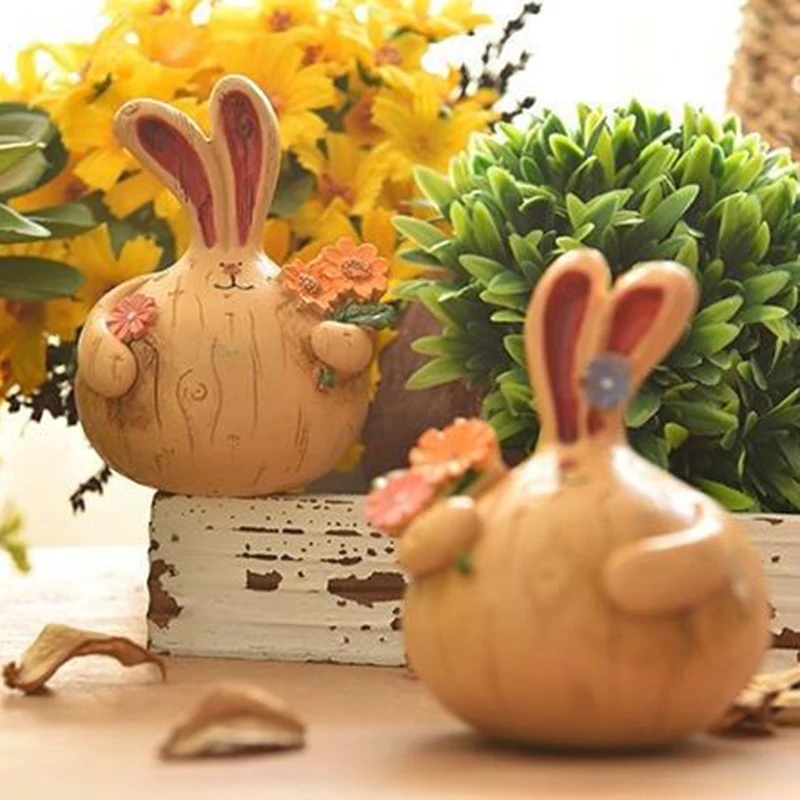 

A PAIR Wood-like Resin Fat Rabbit Ornaments Retro Cute Bunny Craft Statues Indoor & Outdoor Easter Decorations NIN668