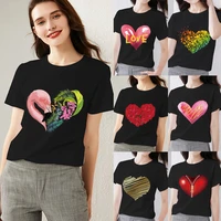 women t shirts black all match printing tee love heart pattern series female tops o neck lady short sleeve oversized clothes