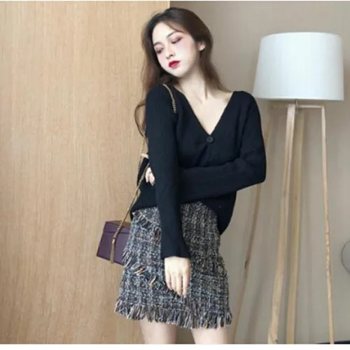 Photo Color Теплый женский комплект из юбки и кофты SMTHMA, женский комплект из короткой твидовой юбки с бахромой и вязаной кофты на пуговицах с расклешенным рукавом, на осень и зиму - Цвет: Photo Color