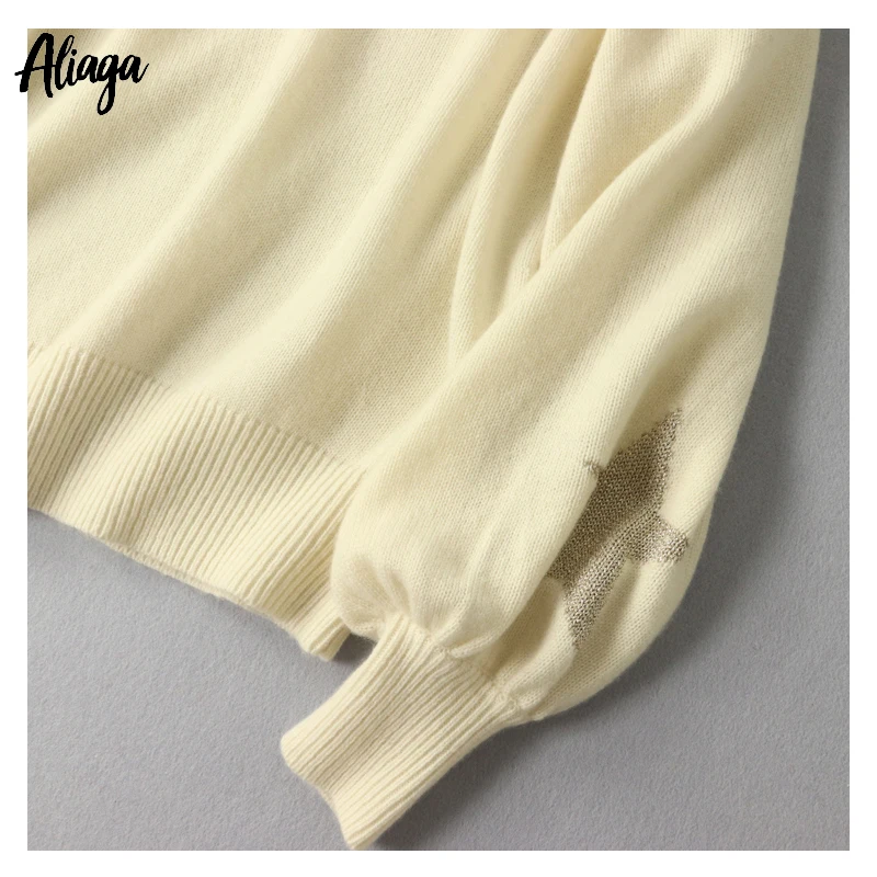 

Aliaga Plus Size Lantern Sleeves White Sweater Women 100% Cashmere Sweater V Neck Loose Ladies Pullover Knit Star Pattern Tops