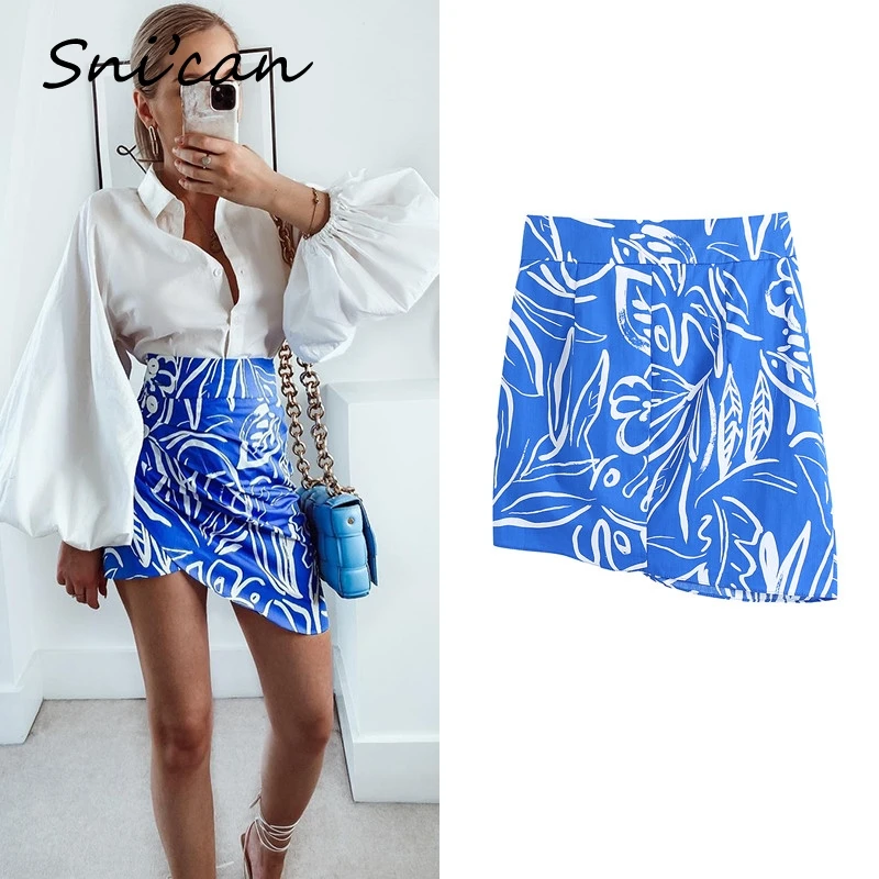 

Blue Floral Asymmetrical Skirt Za 2021 Women High Waist Buttons Ruched Bodycon Mini Sexy Faldas Cortas Summer Jupe Femme Snican