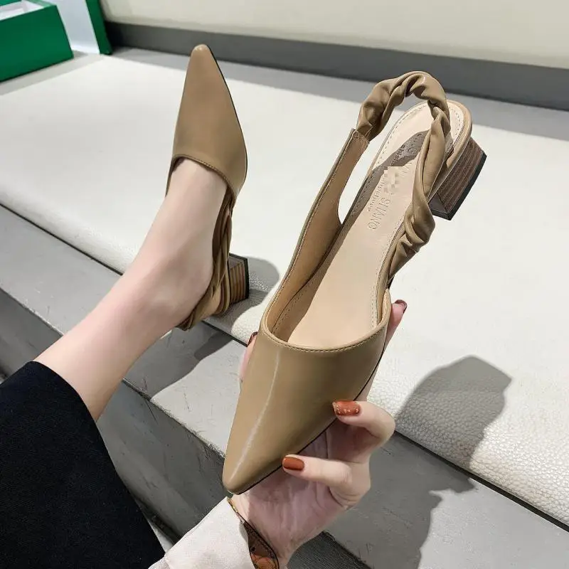 Women Sandal 2021 Summer New Slip-on Sandals Ladies Pointed Toe Shallow Leather Thick Heeled Women's Shoes Sandalias Mujer big bowtie women sandals round toe breathable air mesh female shoes shallow slip on low heels black summer sandalias mujer