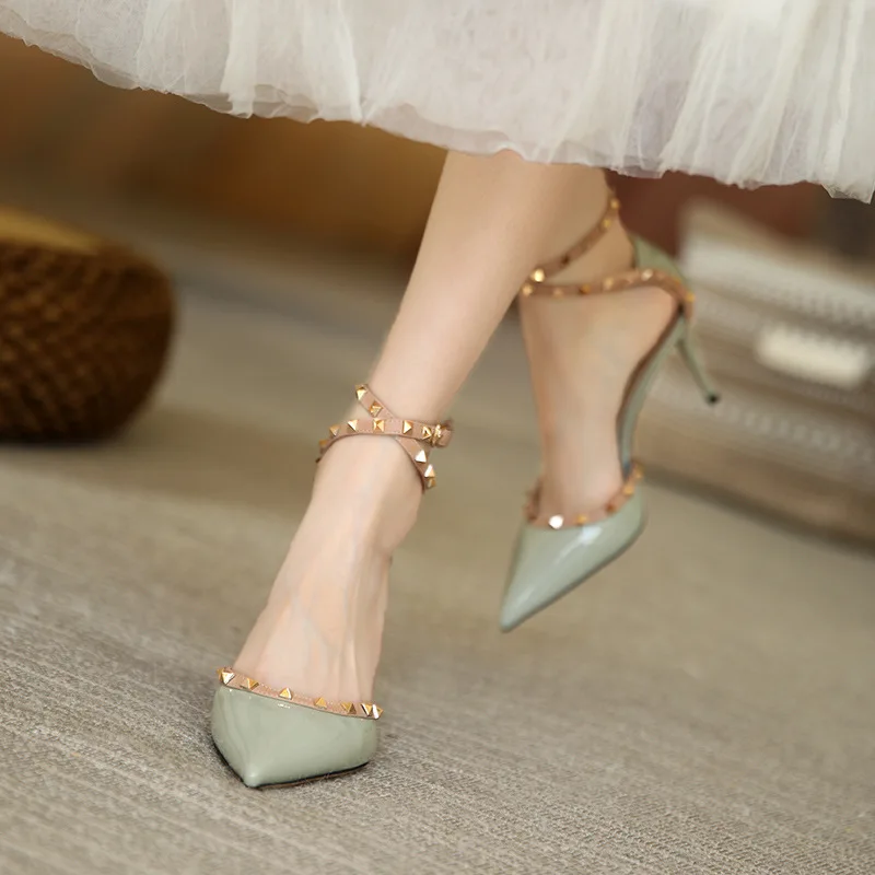 

Brand Highquality Highheeled Sandals Female New Pointed Rivet Stiletto Single Shoes Fairy Style Allmatch Fashionable Women Shoes