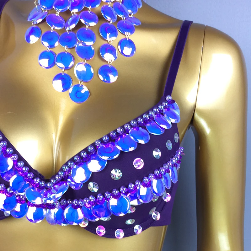 2020 Sexy Samba Belly Dance Costume for Women Hand Beaded sequins purple Color Bra and Scarf Necklace 3 pieces