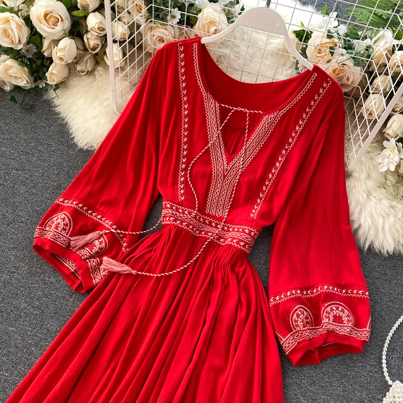 Винтажное богемное Летнее Длинное Платье Tingfly с вышивкой красные вечерние платья