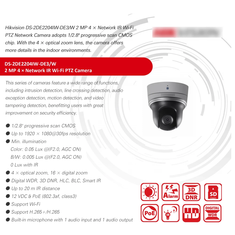Hikvision PTZ IP камера скоростная купольная DS 2DE2204IW DE3/Вт 2 дюймовый 2MP 4X зум питание от