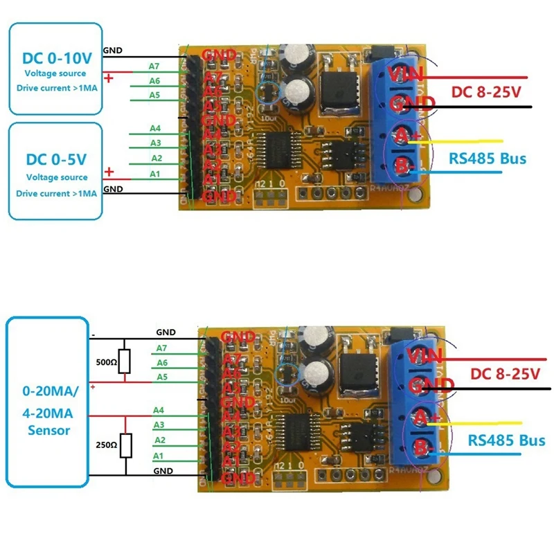 5 В/10 в 7Ch RS485 аналоговый образец напряжения ModBus RTU плата для ADC 0-20Ma 4-20Ma датчик |