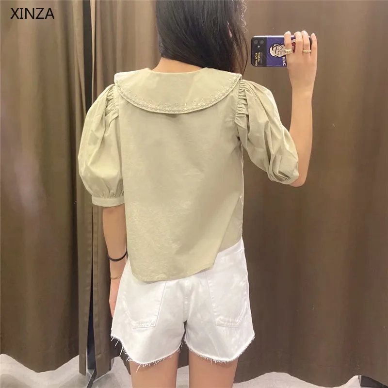 

Women Summer Embroidered Shirt Za 2021 Vintage Short Puff Sleeve Peter Pan Collar Casual Embroidery Top Female Button Up Shirts