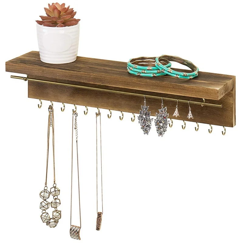 

Hot Wooden Wall Mounted Organizer Display Jewelry Hook Holder For Necklace Earrings Ring Scarf Hangers Jewellery Rack