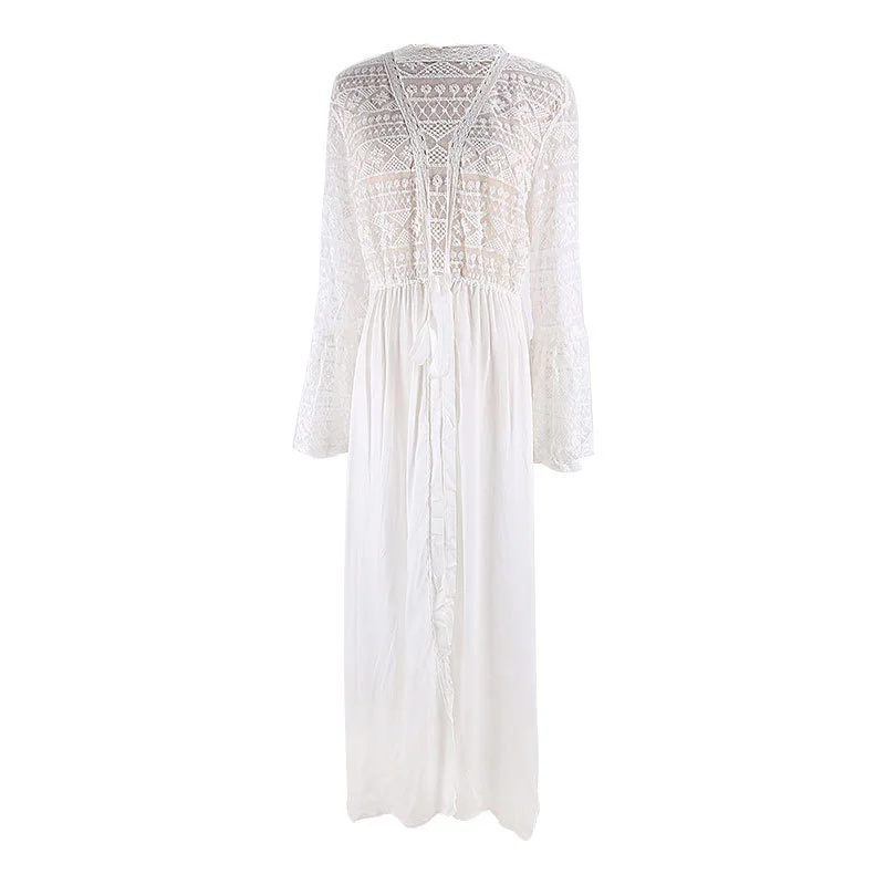 

Rayon And Lace Long Cardigan Beach Skirt Bikini Blouse Swimsuit With Cardigan Sunscreen Holiday Skirt