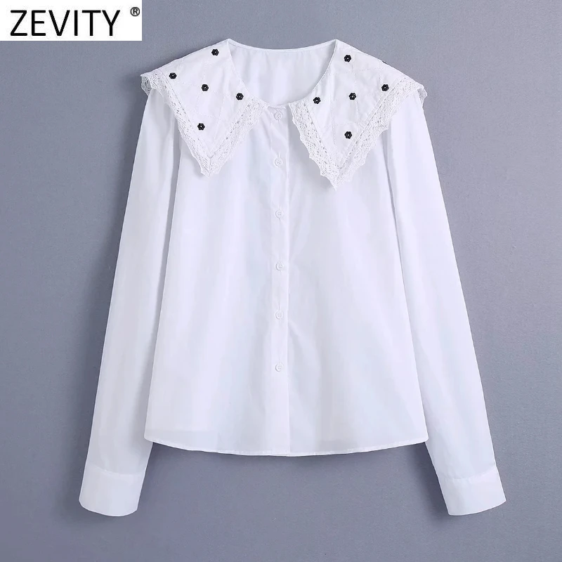 

Zevity Women Sweet Lace Turn Down Collar Floral Embroidery White Poplin Blouse Female Breasted Shirt Chic Chemise Tops LS9623