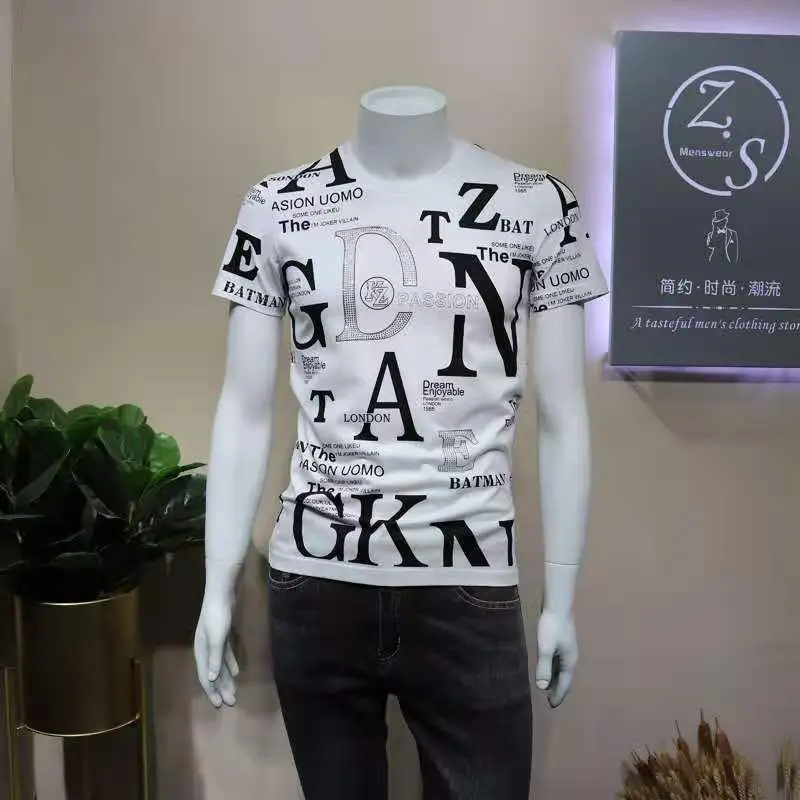 

New short sleeve cotton tide brand handsome all kinds of T-shirt printed round neck slim body ice silk half sleeve men's tide