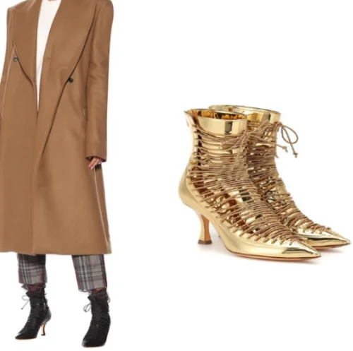 

Women Leather Ankle Boots Pointed Toe Gold New Shoes Fashion Low Stiletto Heels B14