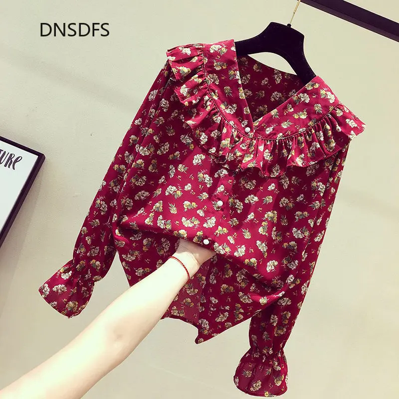 

С цветочным принтом рубашки для мальчиков офисная Весенне-осенние Блузки Женская модная шифоновая рубашка с длинным рукавом в Корейском ст...