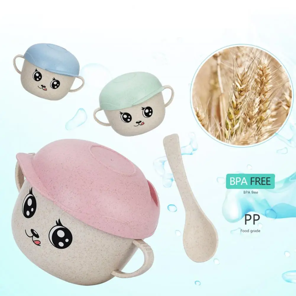 

2Pcs/Set 450ML Feeding Bowl Smart Phone Holder Design Anti-fall Food Grade Material Baby Wheat Straw Bowl for Kindergarten