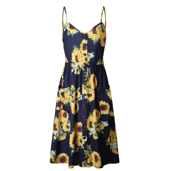 

Women Sunflower Print Dress 2021 Summer Spaghetti Strap Button Midi Dresses Female Boho Style Pocket Party Beach Dress Vestidos