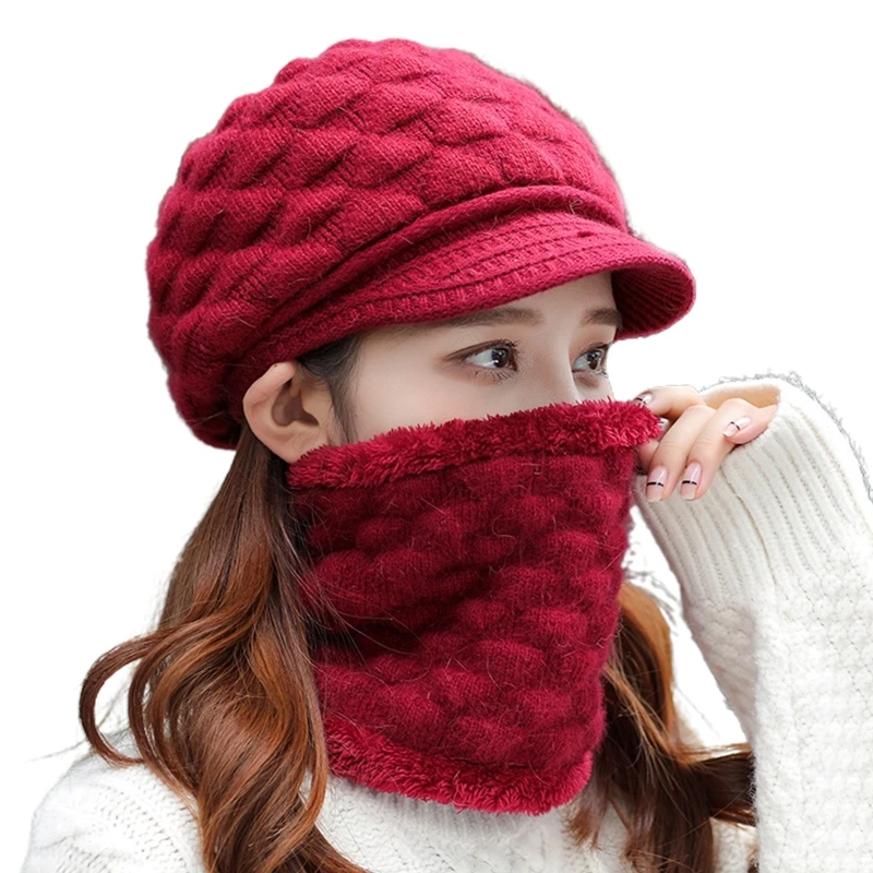 Женская зимняя шапка вязаная с козырьком круглый шарф плюшевой подкладкой A0NF 2