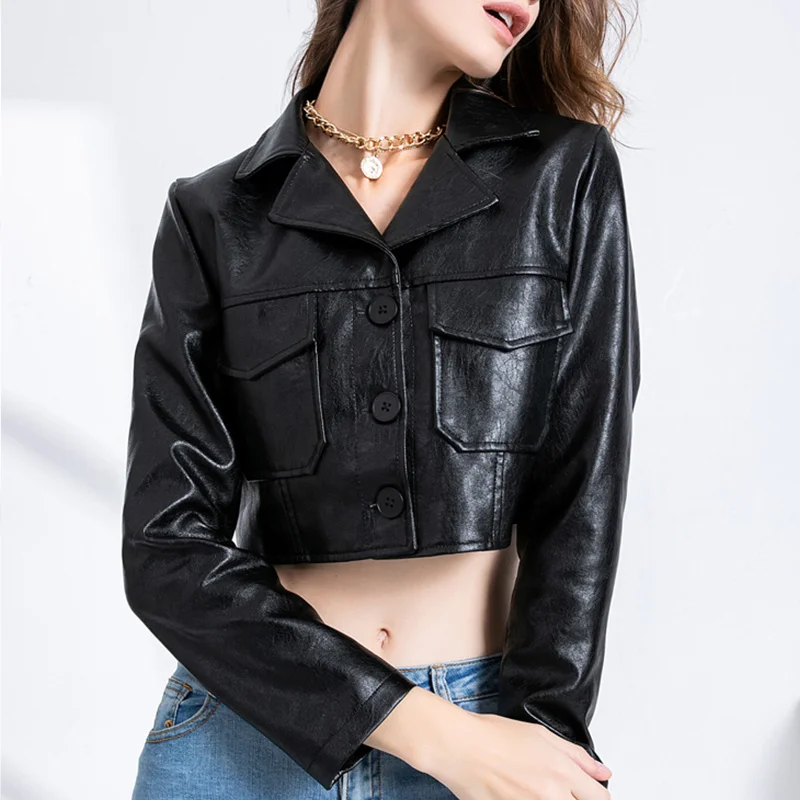 

Зимняя стильная куртка из искусственной кожи для женщин, весна-осень, Techwear Bikers Y2k, куртка, женское мотоциклетное пальто, женское короткое иск...