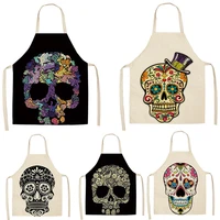 1pcs skull pattern kitchen apron for cooking sleeveless cotton linen aprons for woman adult bibs home cleaning accessories