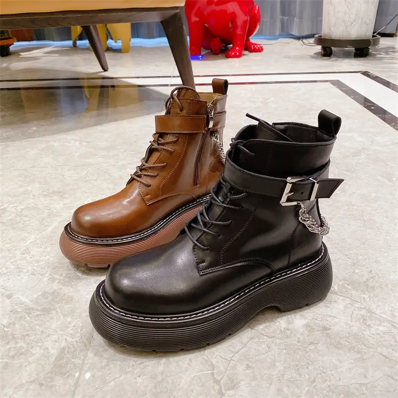 

Newest Thick Heel Ankle Boots Ladies Fashion Chain Sneakers Women Lace Up Autumn Wedges Shoes Buckle Platform Punk Booties Black