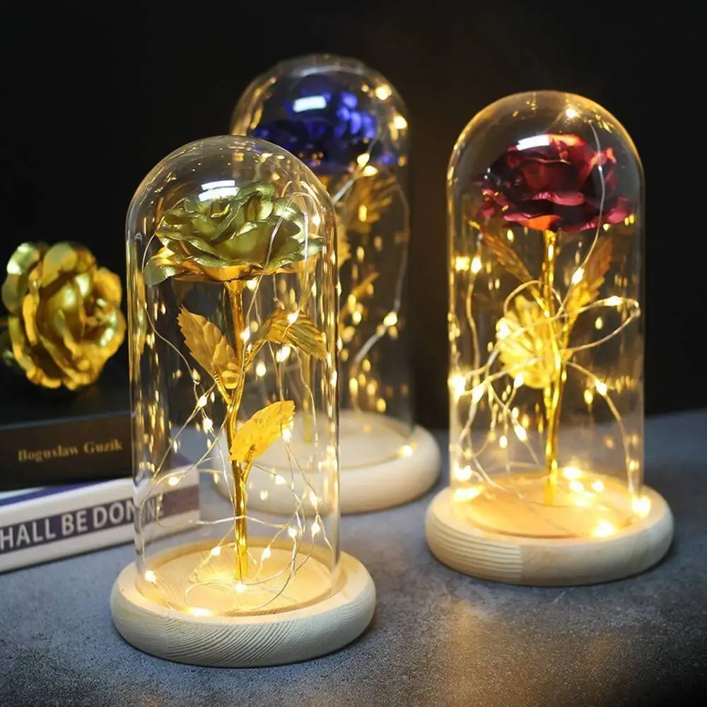 

Enchanted Galaxy Rose Flower Golden Rose with LED String Lights in Glass Dome Mother's Day Valentine's Day Gift Desk Night Light