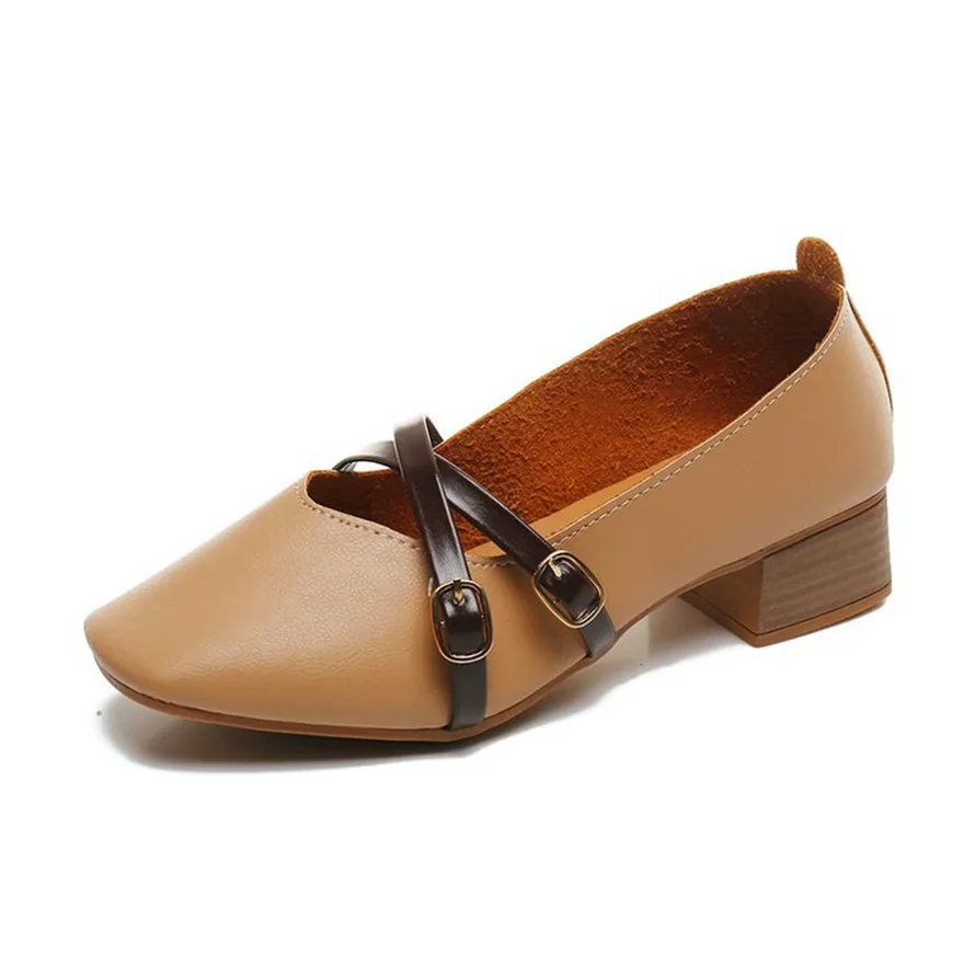 

Casual Women Shoes 2022 New Fashion Belt Buckle Shallow Woman Pumps Square Toe Soft Leather Med Heels Work Ladies Pregnant Shoes