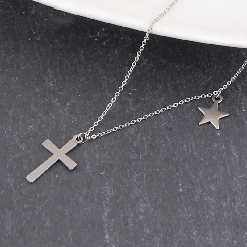 Fashion Women Silver color Stainless Steel Tiny Cross Stars Heart lock Money Musical Symbol Pendant Necklace Choker Neck Chain