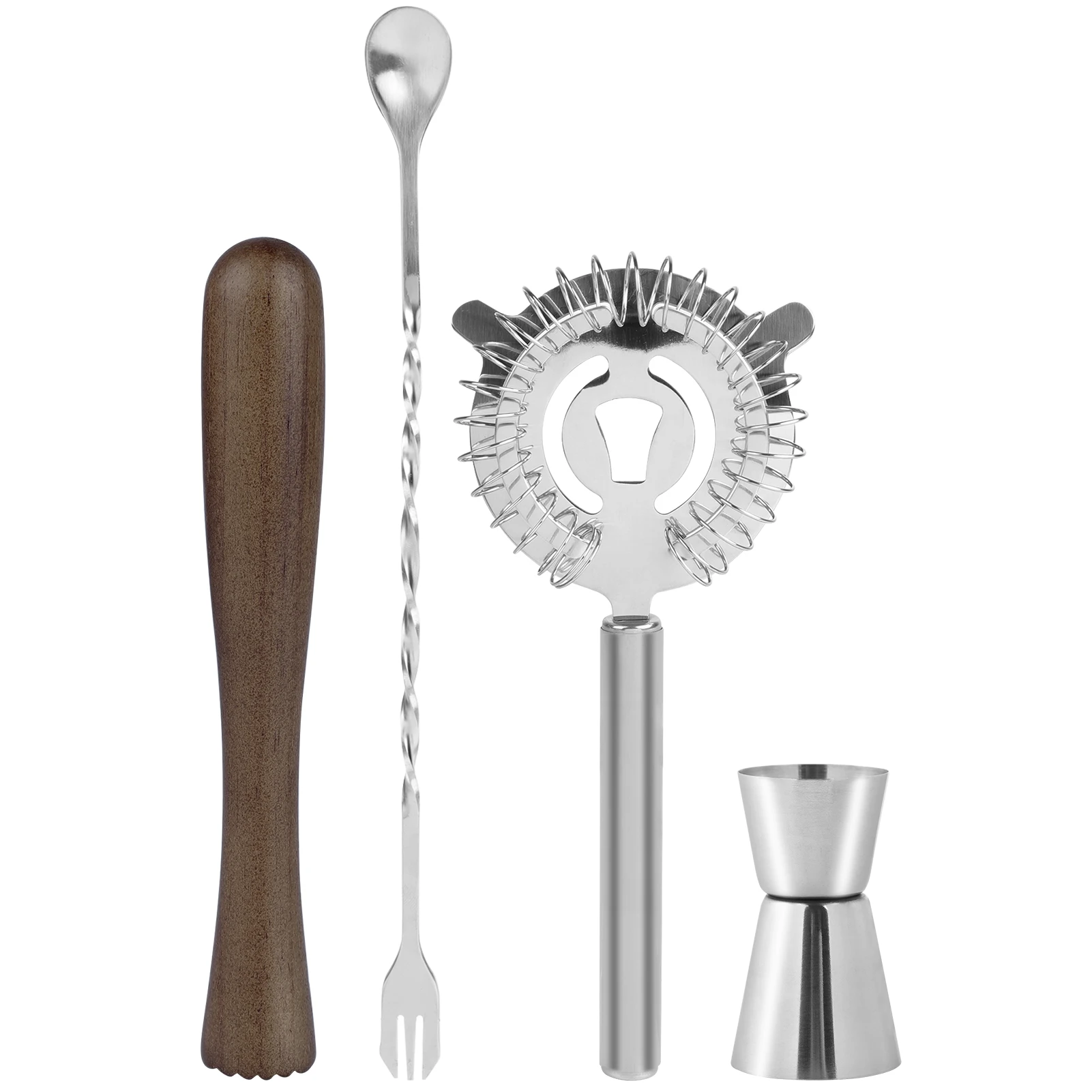 

4PCS Professional Stainless Steel Cocktail Tool Set Professional Ice Strainer Mixing Spoon Cocktail Jigger Bar Set