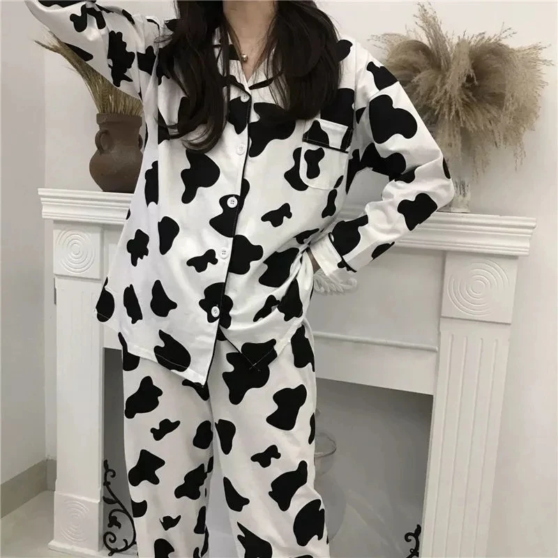 

Пижамный комплект JULY'S SONG с коровьим принтом, милая повседневная одежда для сна из микрофибры с коротким рукавом и длинным рукавом, домашняя ...