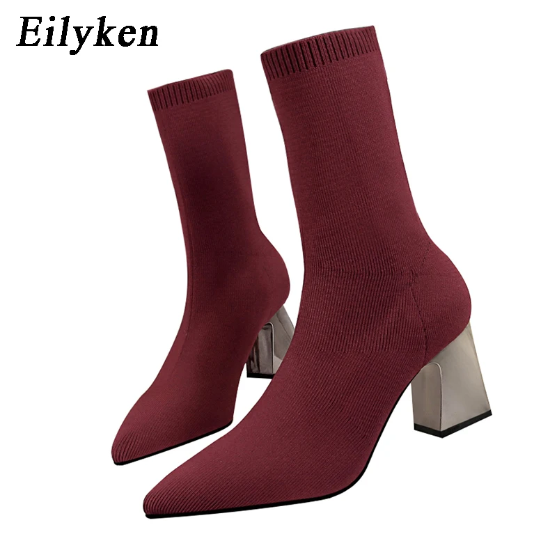 Eilyken/модные женские сапоги; Высокий каблук; сексуальный носок; вязаные сапоги; зимние сапоги на квадратном каблуке; женские сапоги с острым носком