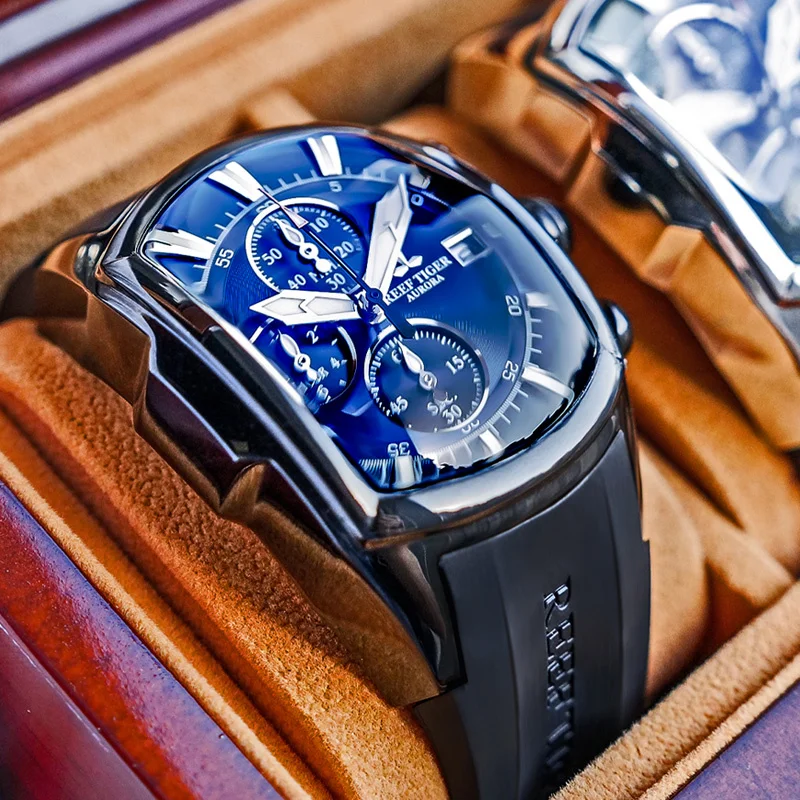 

Мужские спортивные часы с резиновым ремешком и датой, синий стальной циферблат, таймер, водонепроницаемые