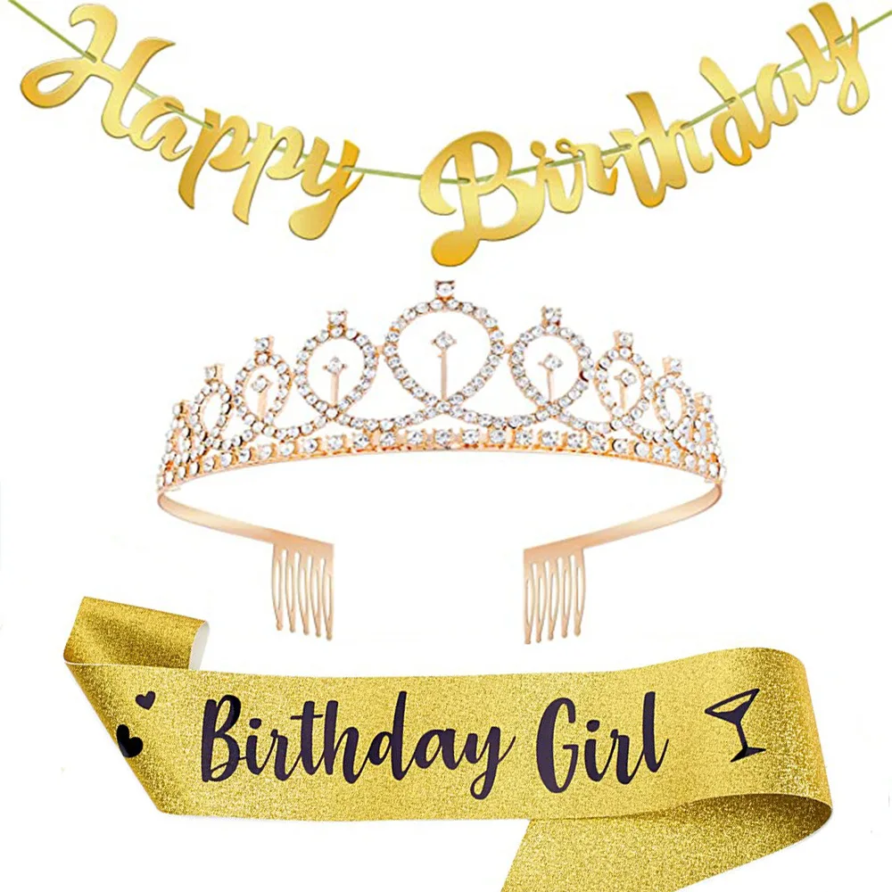 

Birthday Girl Shoulder Strap Crown Banner 3pcs Set Happy Birthday Party Decor Kids Girls Cheer Birthday Girl Favors