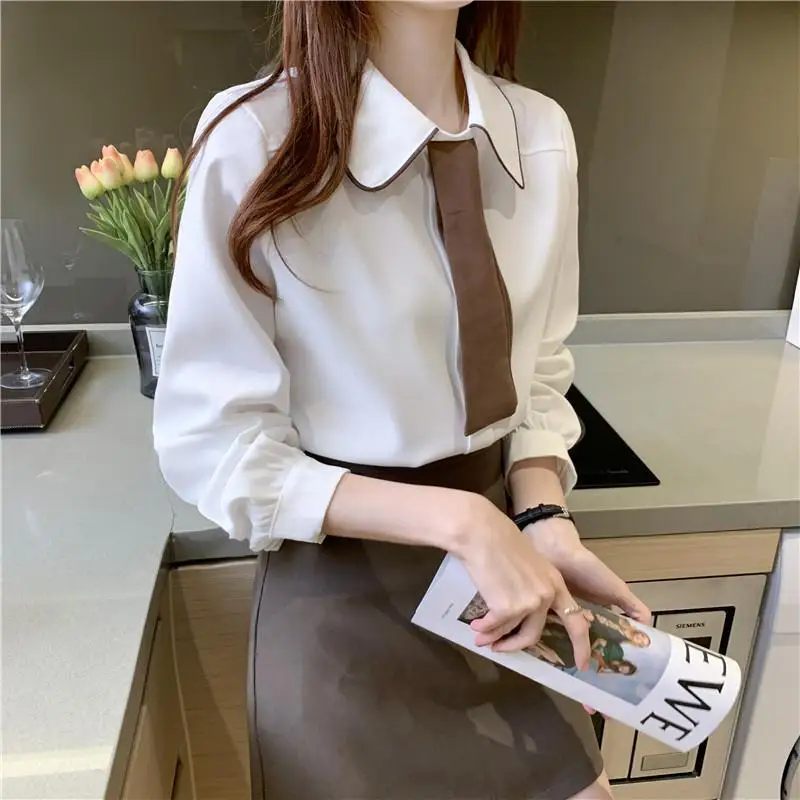 

2021 Spring Autumn New Women Korean Style Solid Lace Up Bow White Shirt Long Sleeve Turndown Collar Blouse Feminina Blusa Y381