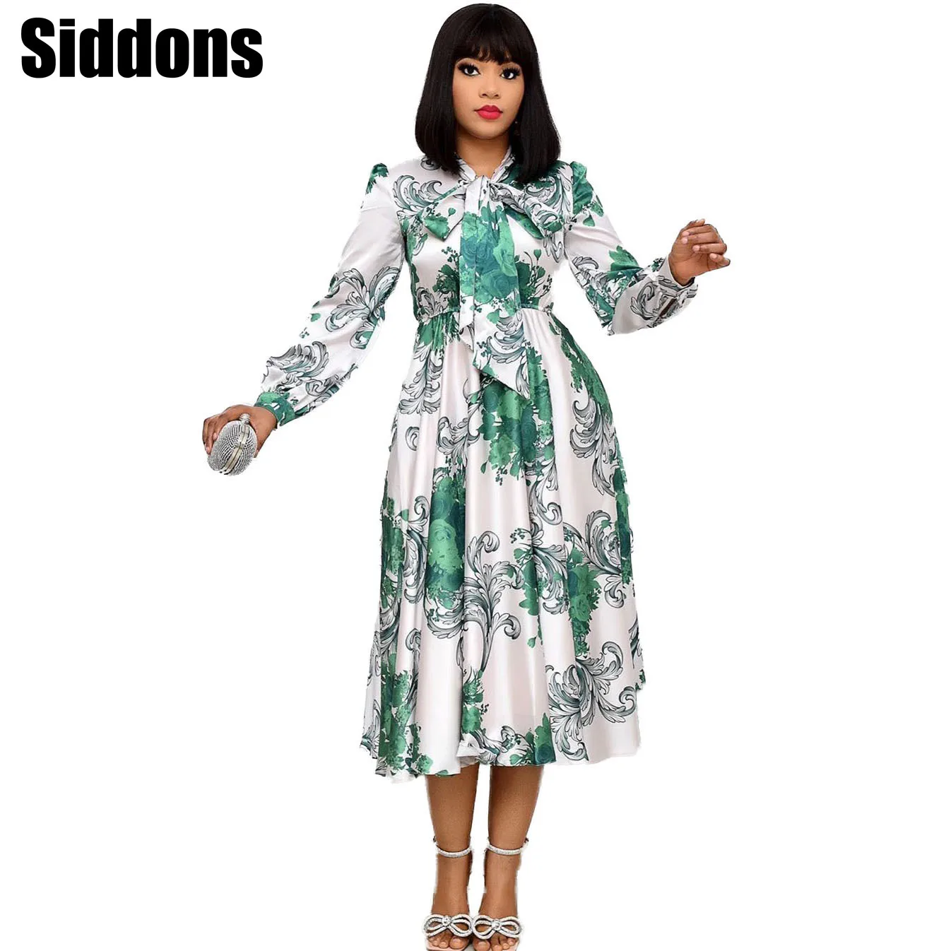 

Vintage Women Floral Printed Bow Knot Design Elegant Plus Size Office Lady Midi Dresses Party Dress S-3XL