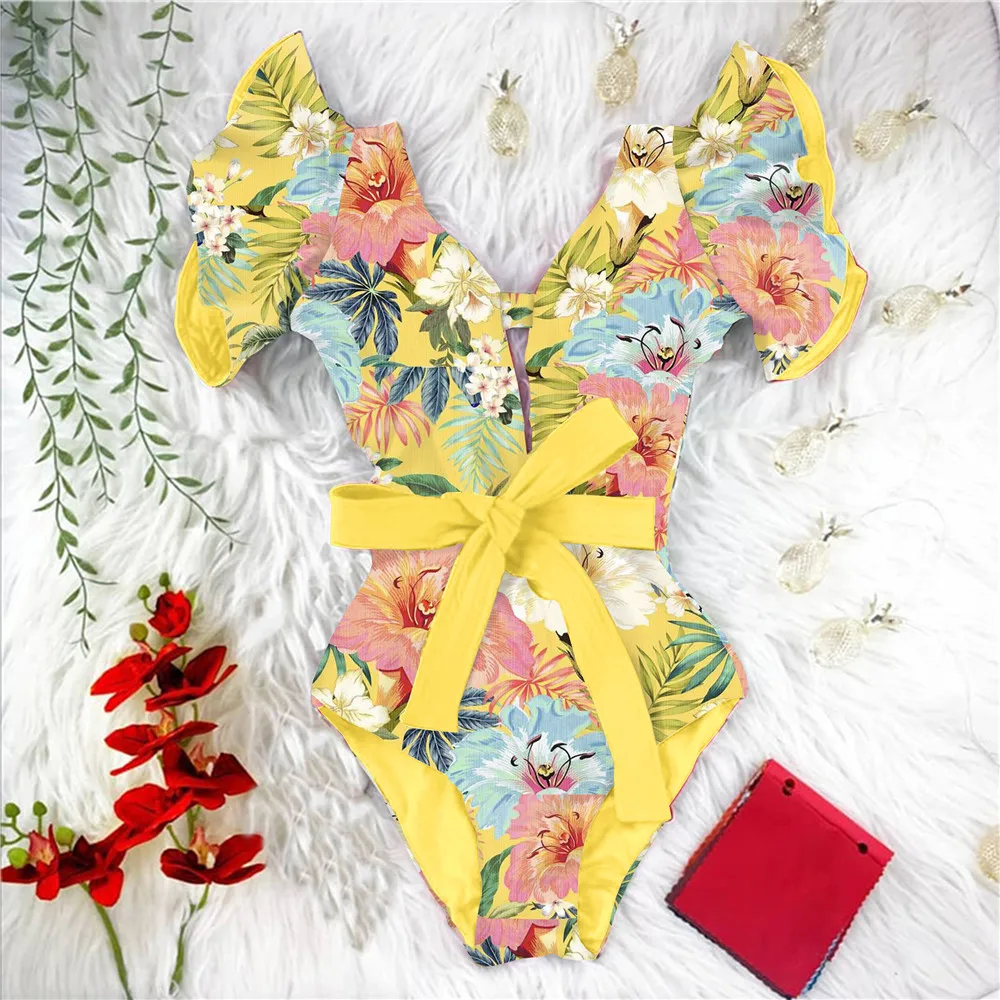 

2021 Sexy One Piece Swimsuit Women Swimwear Push Up Monokini Ruffle Swim Suit Bathing Suit Summer Beach Wear Female