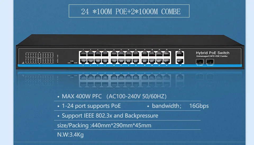 24 Порты и разъёмы 10/100 Мбит/с PoE Коммутатор Ethernet sup Порты и разъёмы IEEE802.3af/at с 2 Порты и разъёмы 1000 м для программирования в производственных условиях комбинированный коммутатор питания через Ethernet poe 48V RJ45