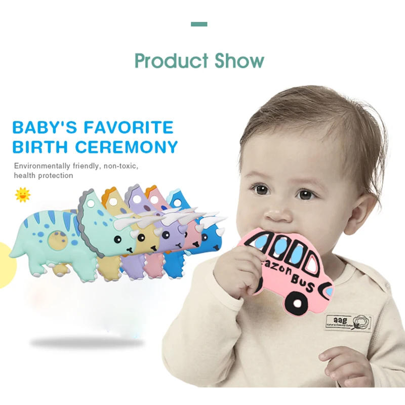 Mordedor de silicona de grado alimenticio para beb&eacute;, juguetes de dentici&oacute;n sin BPA, de silicona suave, para el cuidado de los dientes, mordedor masticable de dinosaurio infantil, 1 unidad-4