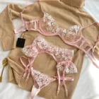 Женское сексуальное нижнее белье, изысканный сетчатый кружевной розовый комплект с бюстгальтером + подвязками + трусиками, Цветочная вышивка