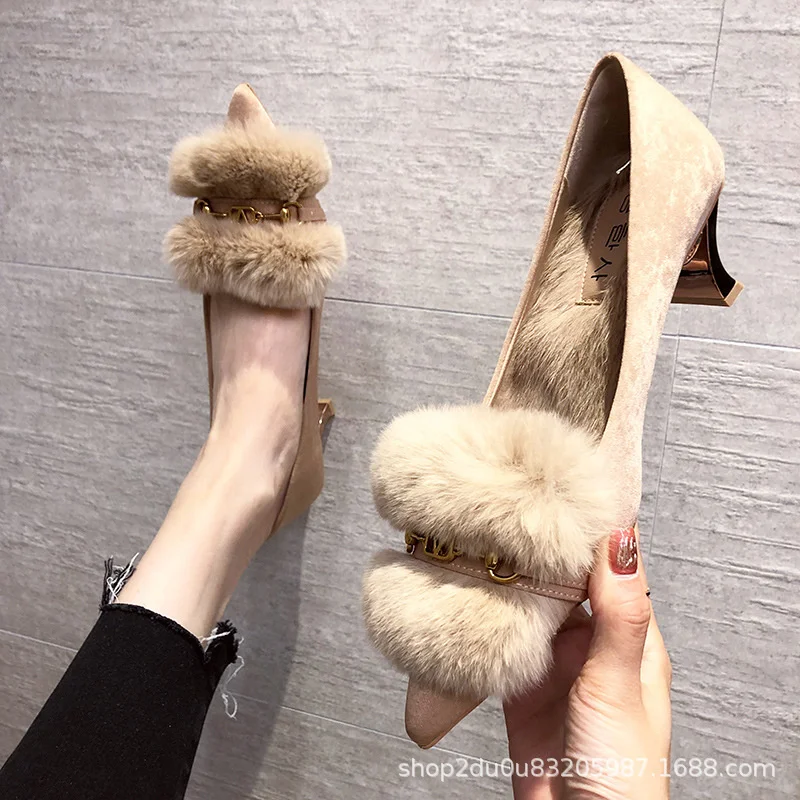 

Туфли женские на высоком толстом каблуке, универсальная модная обувь из искусственного плюша, средний каблук, Осень-зима