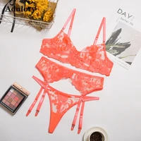the new lace embroidered sexy lingerie set underwire gathers bra panties garter belt thin section see through erotic thong suit