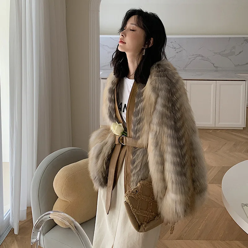 

Женская зимняя укороченная куртка шуба из натурального Лисьего меха, роскошные пушистые пальто из натурального меха с ремнями 2021, модная Оф...