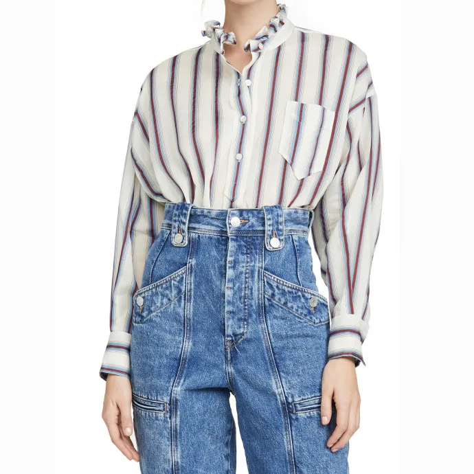 

Lace Women Shirt Pleated Collar Yarn-dyed Striped Cotton Profile Shirt