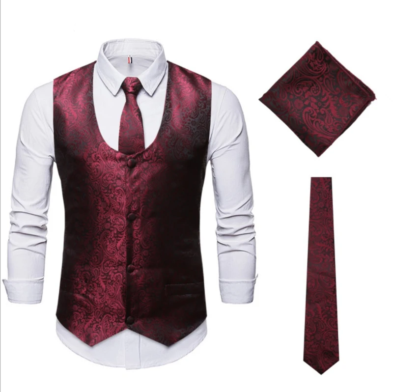 

3 pcs Men`s Vest U-neck Sleeveless Party Black Red Single-breasted Suit Vest Square Scarf Tie 3 Pcs Sets For Men Plus Size XXL