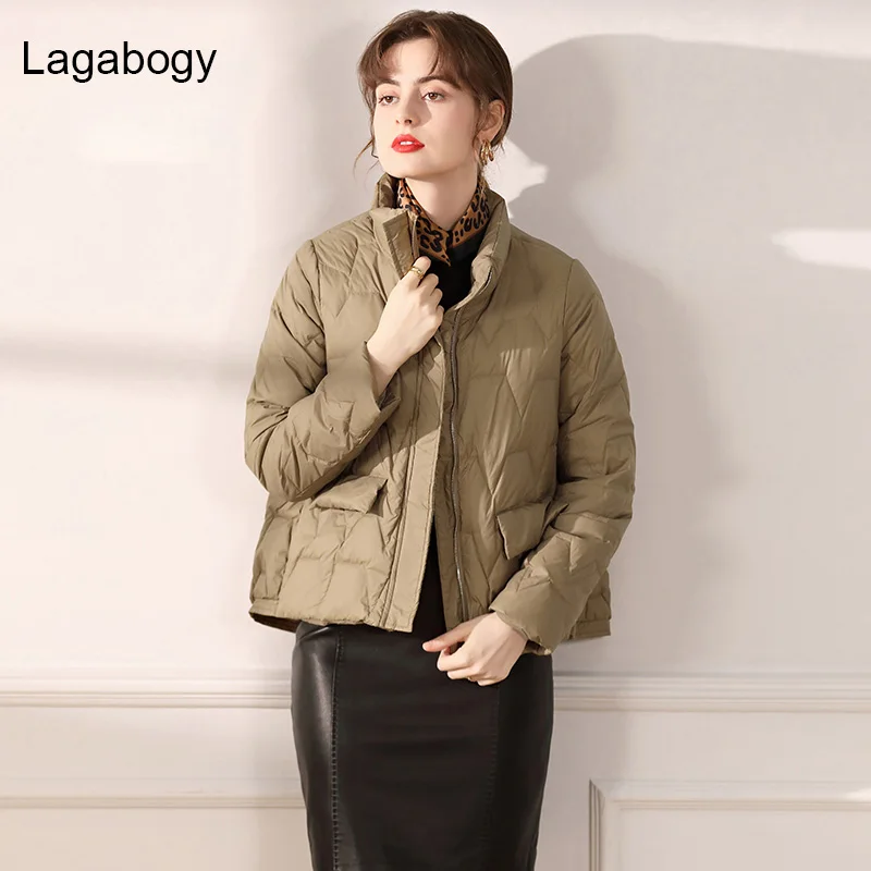 

Lagabogy 2021 New Casual Solid Women 90% White Duck Down Coat Ultra Light Stand Collar Warm Outwear Female Short Puffer Jacket