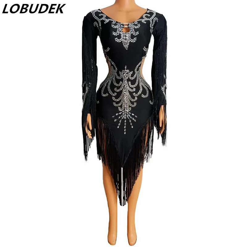 

Women Latin Dance Competition Tassel Costume Silver Rhinestones Long Sleeve Fringe Dress Ladies Celebrate Performance Stage Wear