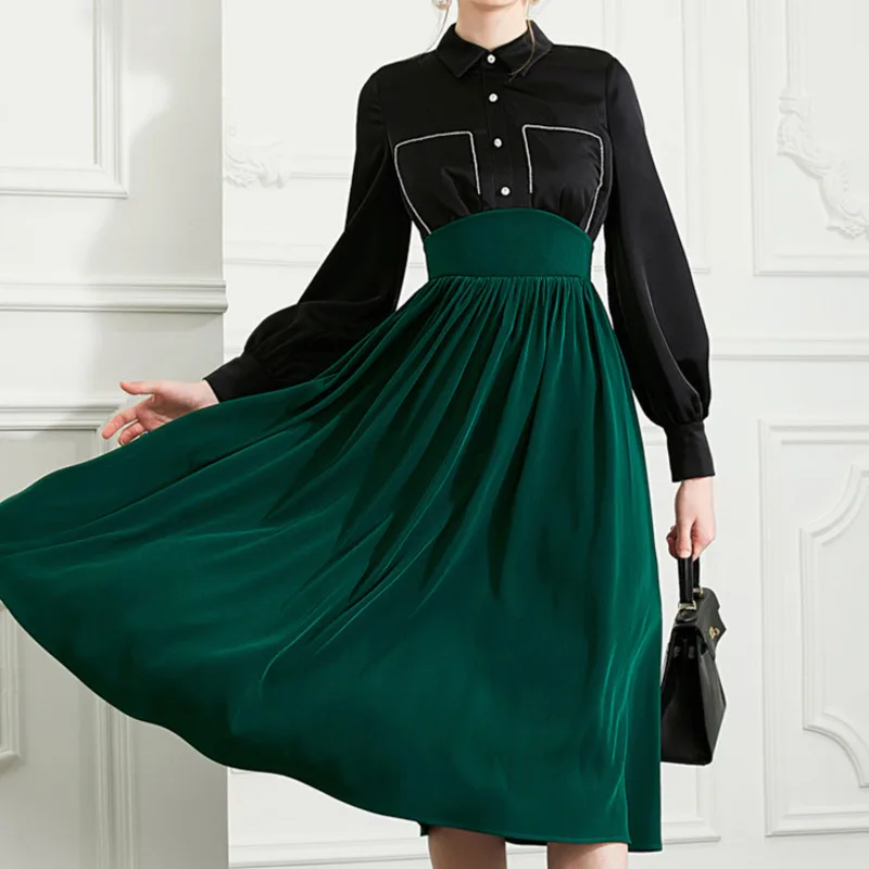 

] 2020 Autumn Female Fashion Slim Casual Turn Down Collar Solid Color Long Sleeve Minimalist Pleated Hem A-Line Dress C700