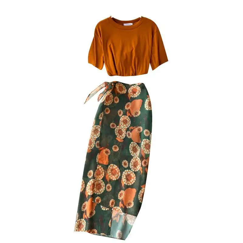 

Free Shipping Summer Two Piece Set Holiday High Waist O-neck Outwear Short Sleeve Pring Irregular Holiday Style Printed Suit