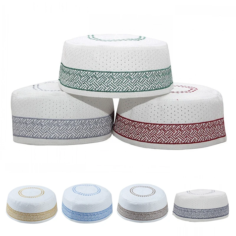

4 Sizes Men Embroidery Muslim Hats Hijab Bonnet Cotton Flat Caps Musliman Arab Prayer Hat Islam Jewish Saudi Arabian Cap for Men